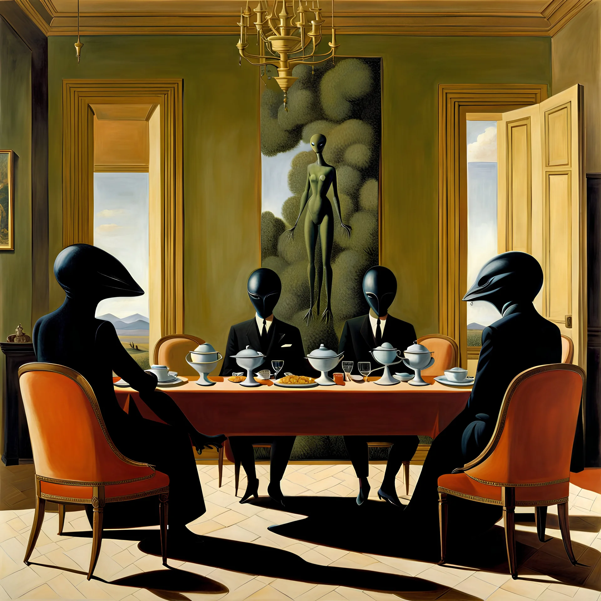 In a living-room 50' style a group of alien creatures pedantically sitting at the table dine in compliance with etiquette, René Magritte