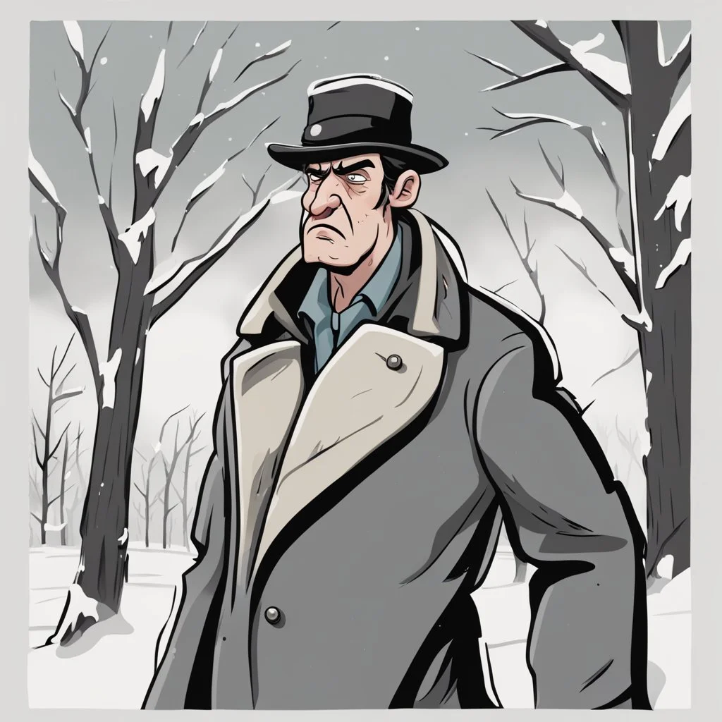 a closeup of a disgusted man in a heavy coat during winter cartoon