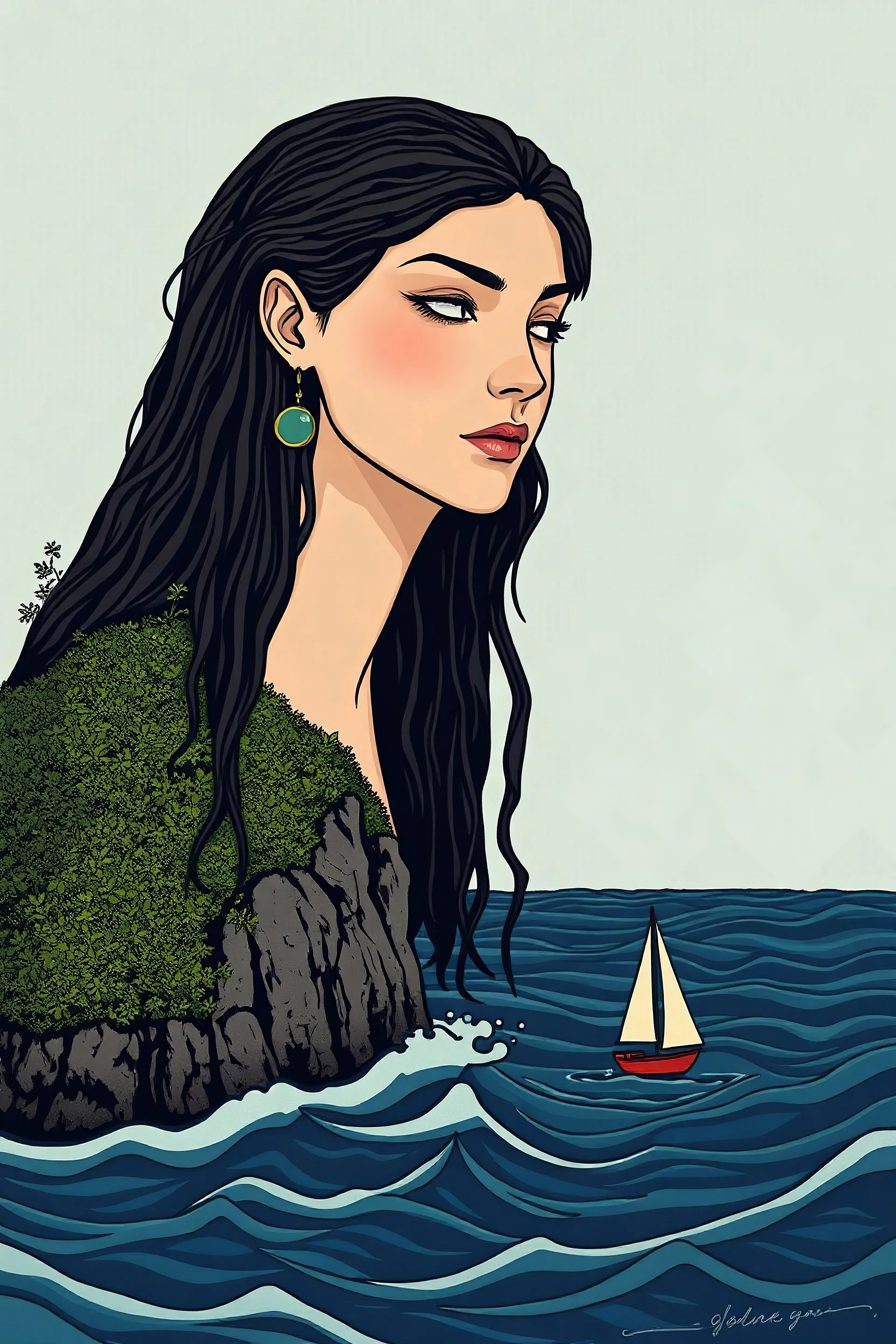 Portrait stylisé Douce et sereine et tranquille déesse géante androgyne, accoudée contre une ile herborée, observe penchée, avec un regard attentif protecteur et emphatique un unique petit bateau à voile sur la mer légèrement agitée. Elle est prêt à intervenir si le petit bateau est en danger.