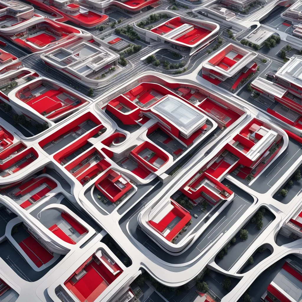 Imágen de arte lineal de una urbanización de casas, vista aérea, estilo Zaha Hadid, calidad ultra, hiperdetallado, 8k, color rojo y blanco