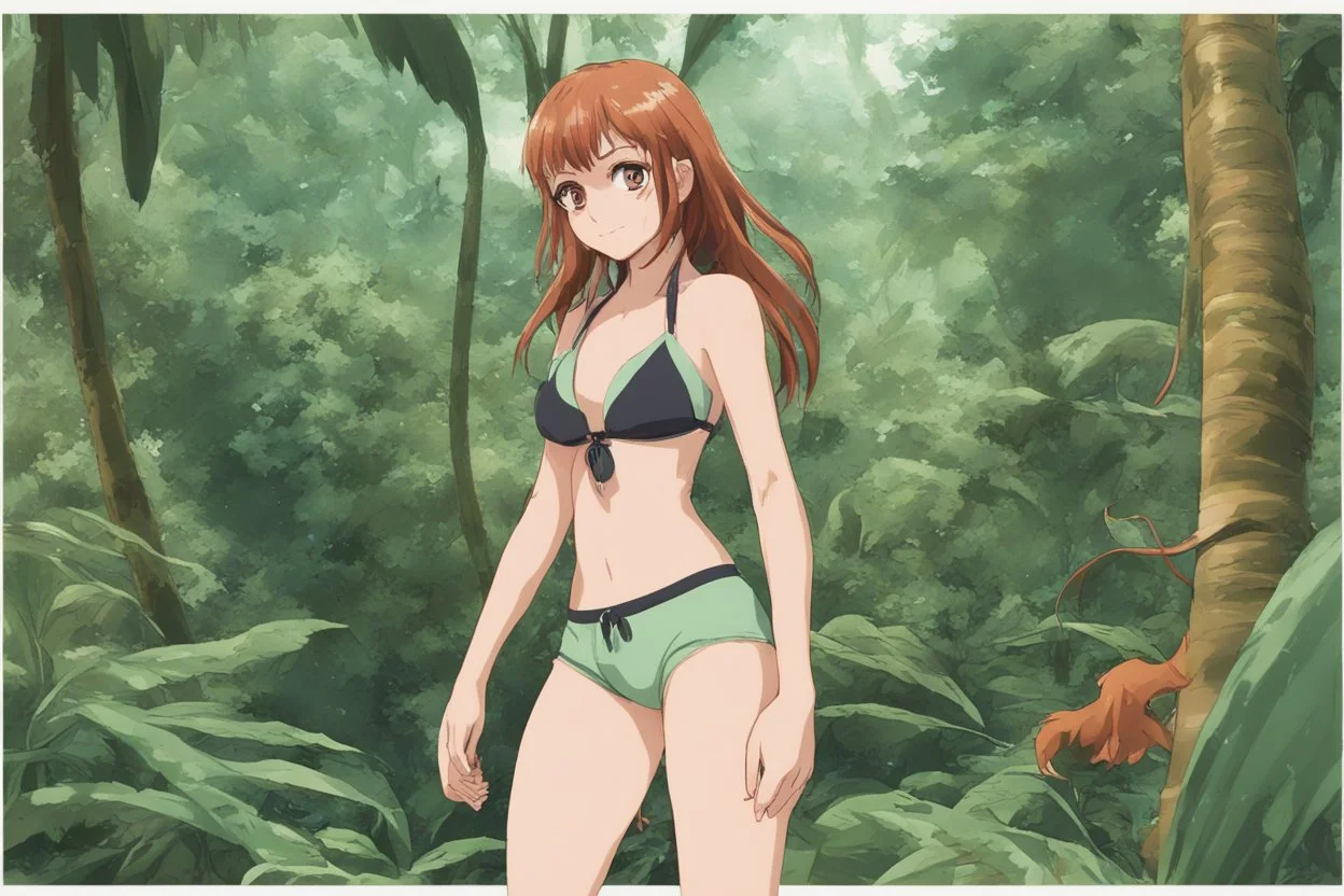 a anime-girl in a bikini on a jungle background