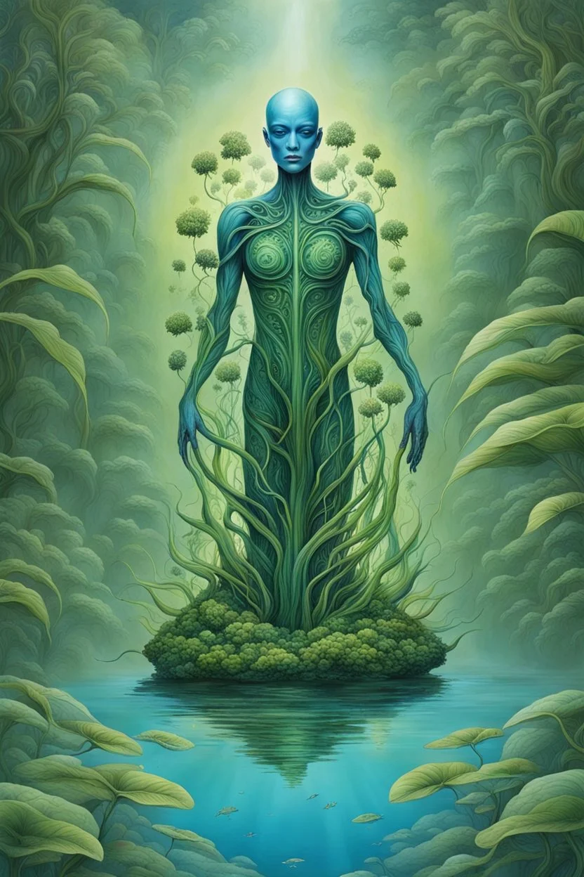 Ecological Art, plants, floating earths, long leaf tendrils, green colors and shades, in blue waters full body beauty mitical human-plants mutant meditates in stunning alien flora , cinematic, mistic mood