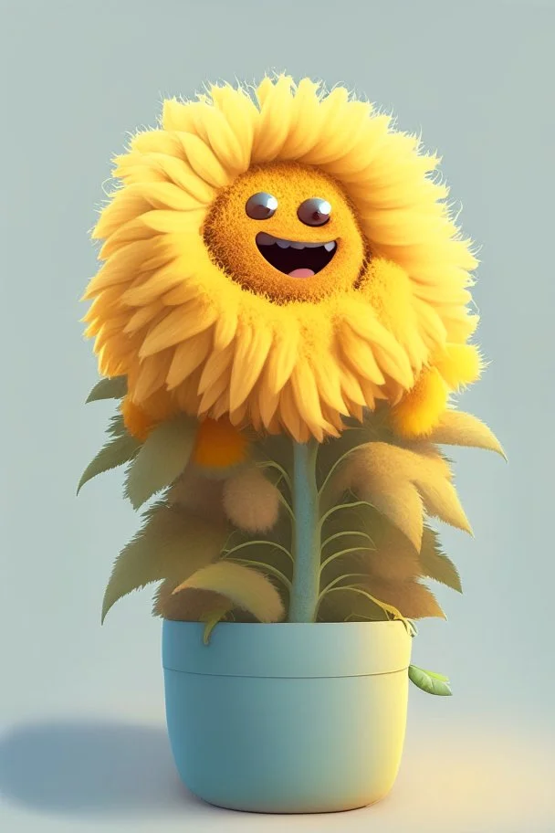 Cheery and cute sunflower in a pot avatar full body in fluffy material