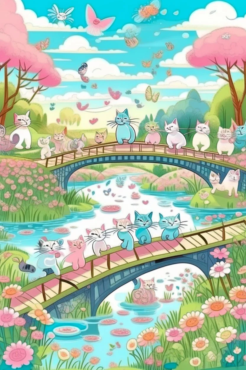 in the center: beautiful chunky cats dancing on a bridge , background: landscape, first plan: pink flowers and a small river with blue water, sky: white clouds with more cats sitting on them