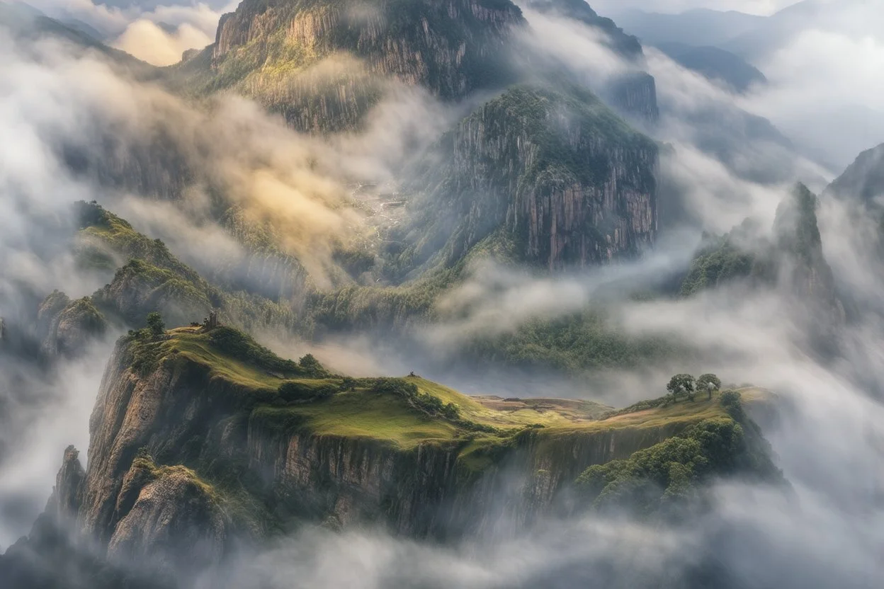 in the foreground, sheer cliffs reveal the ground far far below. reaching the top of those cliffs, a foggy valley reaches out, ended by another sheer cliff.