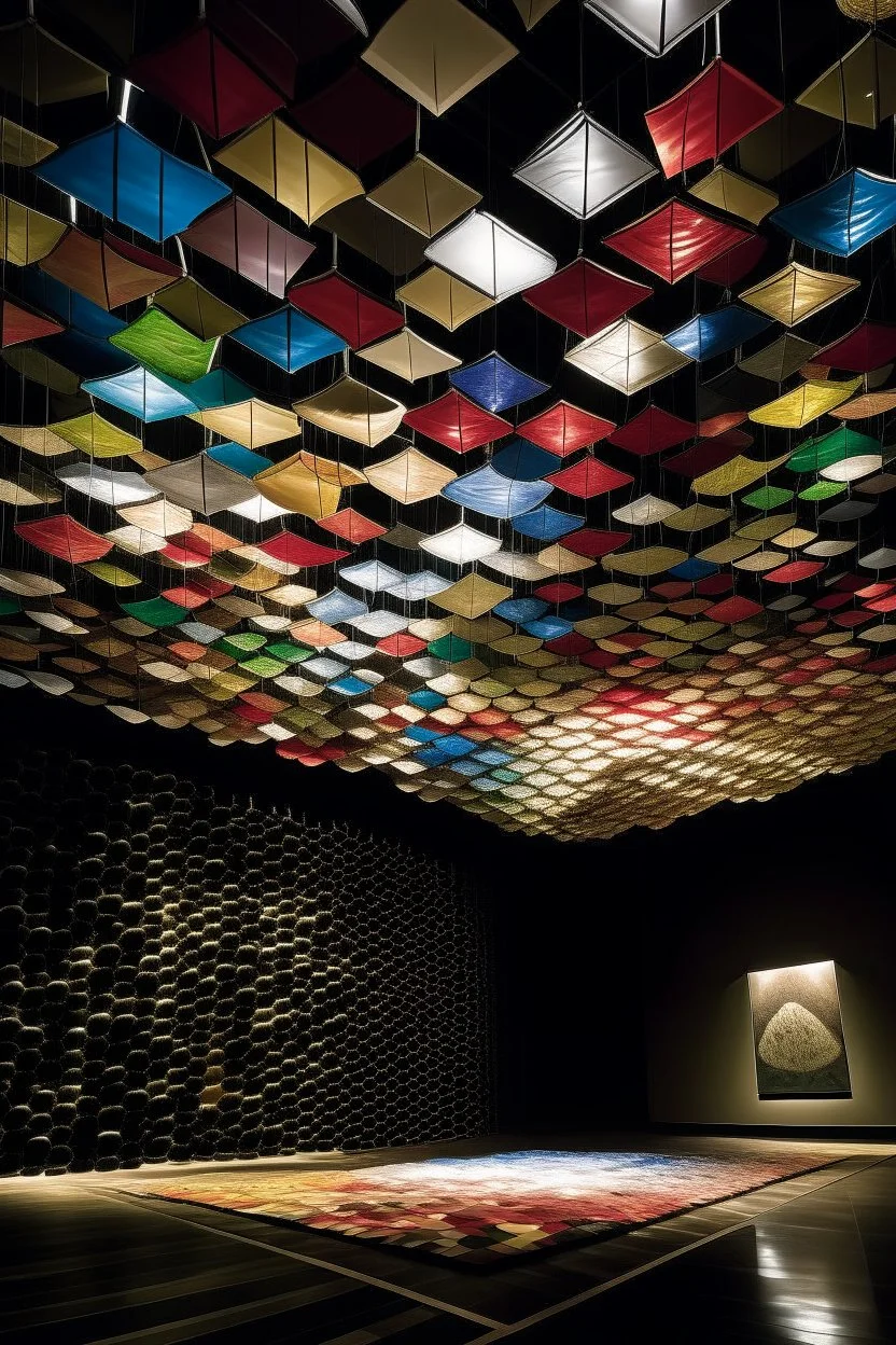 Create an installation of hundreds of fabric "scales," each individually crafted and suspended from the ceiling. These scales should form a flowing, dynamic sculpture that viewers can walk under and around.