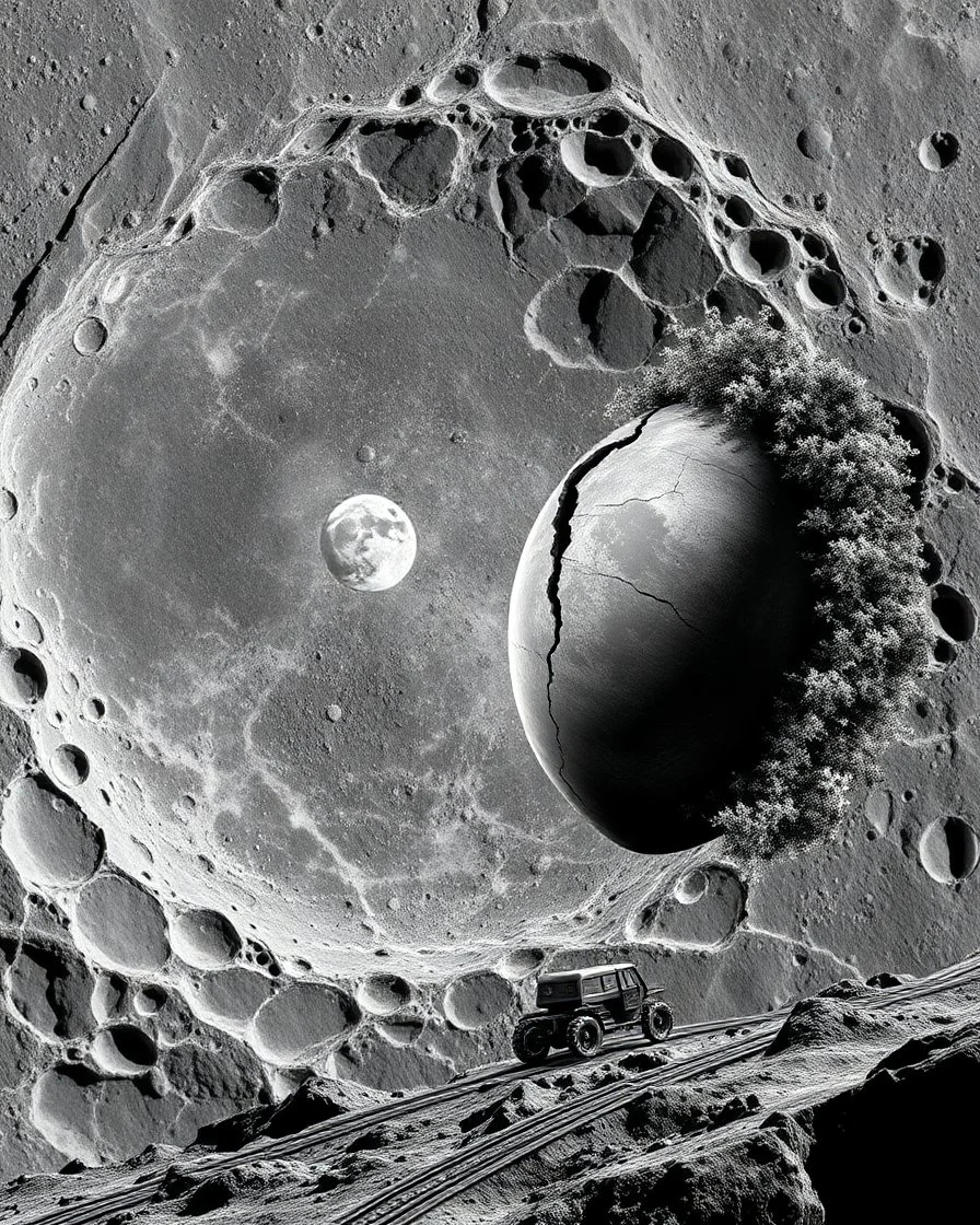 High-altitude lunar reconnaissance satellite image of a young impact crater with larger regolith along right ride. A damaged metallic alien sphere with fracture lines like an egg. organic growth across regolith and up crater walls. Along the lower frame edge a small modern bare-bones lunar-vehicle sits near the rim with visible wheel tracks. comic pencils