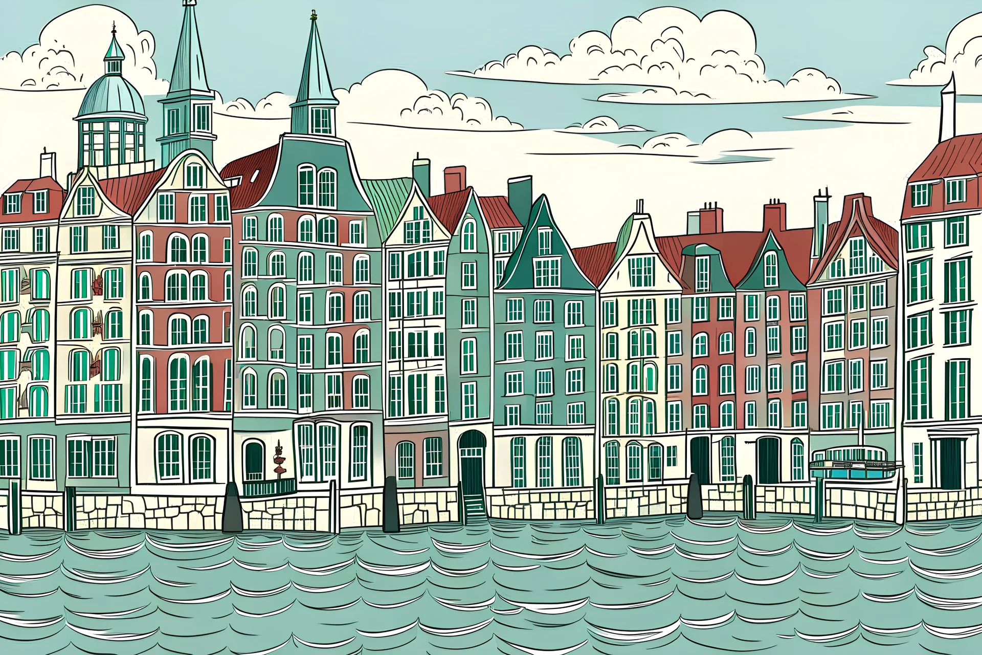 Imagine a modern poster inspered drawing of representative buildings of the danish cities copenhagen roskile and hillerød. The representative buildings should be placed on a simple 2D map og northern sealand in danmark