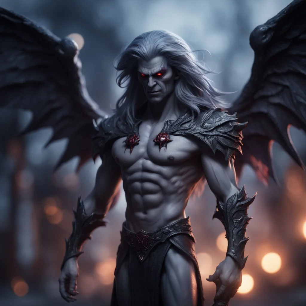 vampire dark elf grey angel nephilim vampire with muscles and big wig, Guiding souls through twilight, where the shadows flee In this realm of aftermath, phantoms softly tread Following the will-o-wisp, where the lost are led ,bokeh like f/0.8, tilt-shift lens 8k, high detail, smooth render, down-light, unreal engine