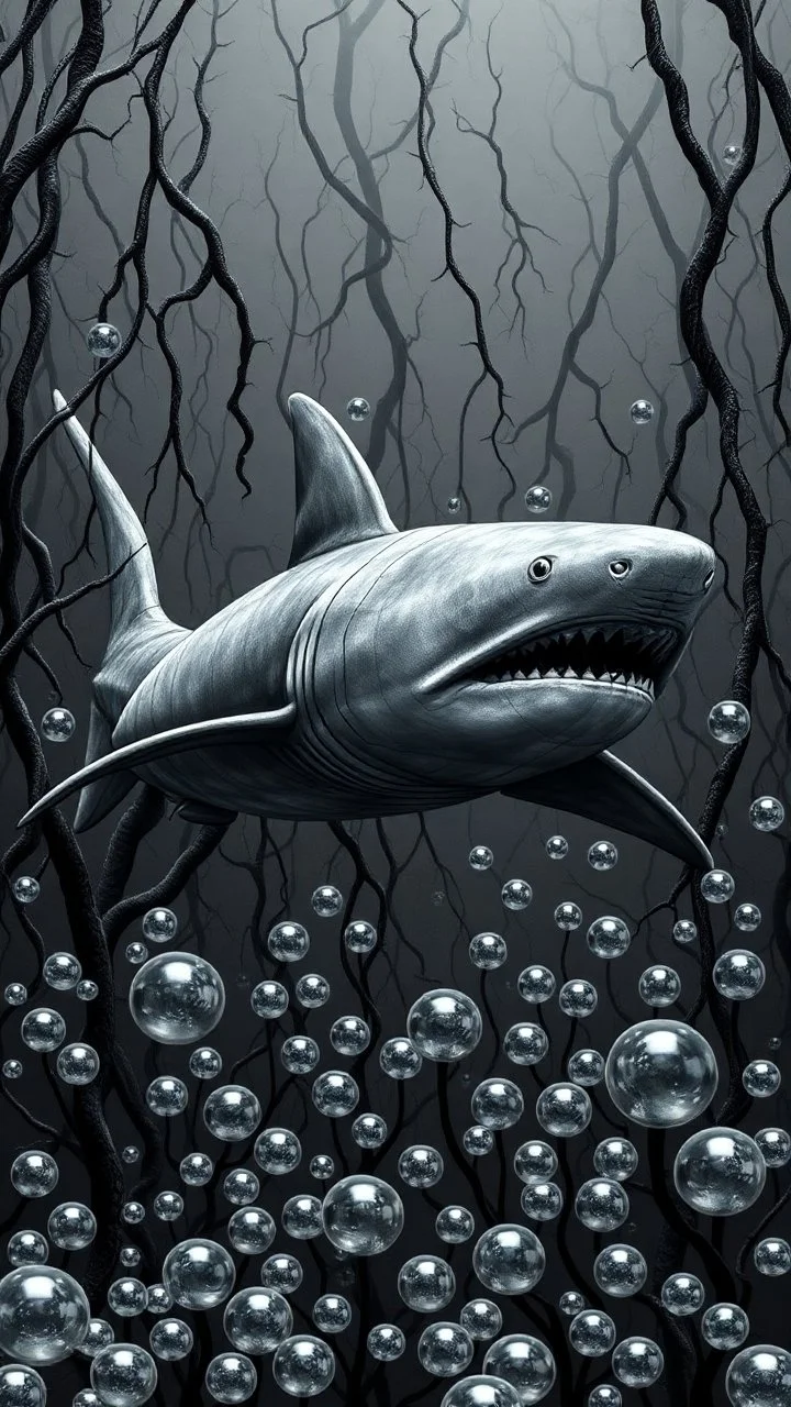 Giant gray shark in a gray background of black vein, human veins, mixing together a lot of them, like a forest, big and small veins a lot of them, crystal balls