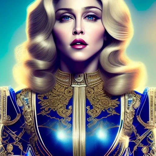 madonna, Cyborg queen, light blonde hair, pixie hairstyle, cobalt eyes, waist up portrait, 8k resolution, intricate details, ornate details, soft lighting, vibrant colors, masterpiece, intricate eyeliner, dark eyeshadow, eyes, intricate tattoos, gradient background