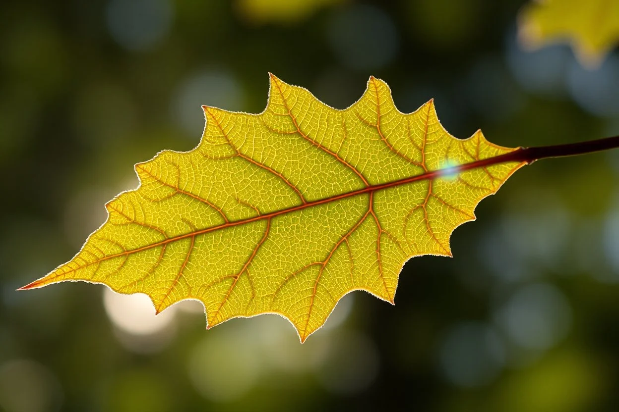 a beautiful single oak leaf with tiny fractal veins caught in the light of the sun in the background, sun glare effect, perfect macro nature photography