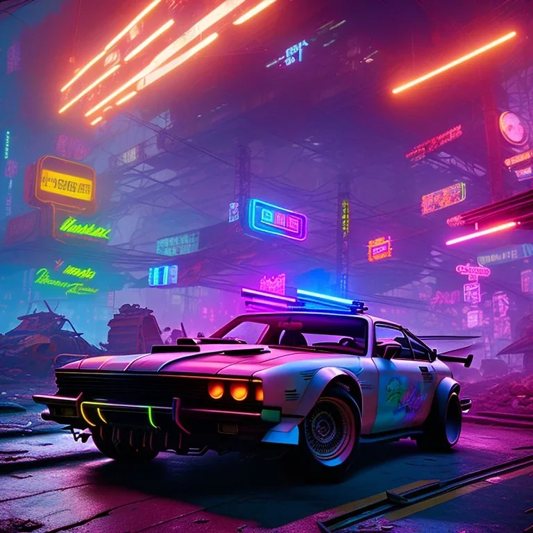 photo quality, unreal engine render, highest quality, stop-motion animation, vivid neon colors, volumetric lighting, cyberpunk 2077, classic car junkyard, deep colors in a dark setting background, post-apocalyptic,