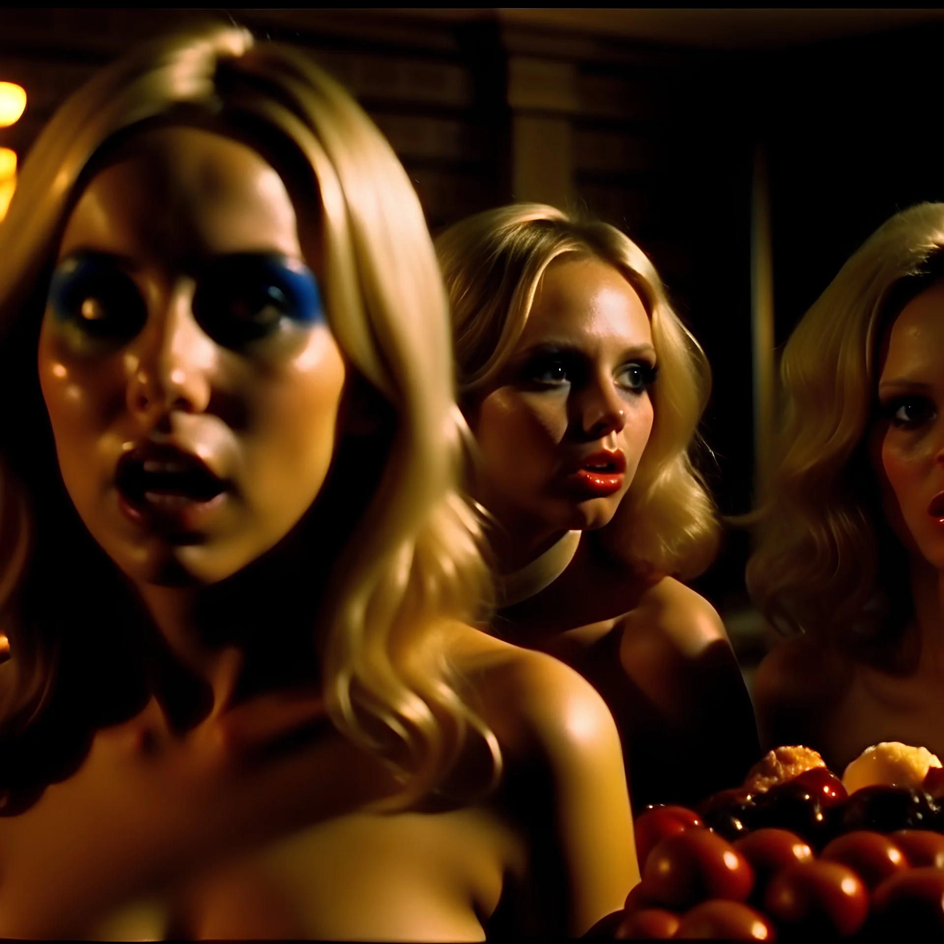 Horror movie shot, hot, ultra realistic, dine, horns, ultra chaos, realistic hot blonde women, party, pieces of meat, organs, hot dynamic, very excited people, hypermaximalist figures, light, 1970's Italian horror movie, sinister,, Dario Argento, Stanley Kubrik, ornate, 4k, photorealism