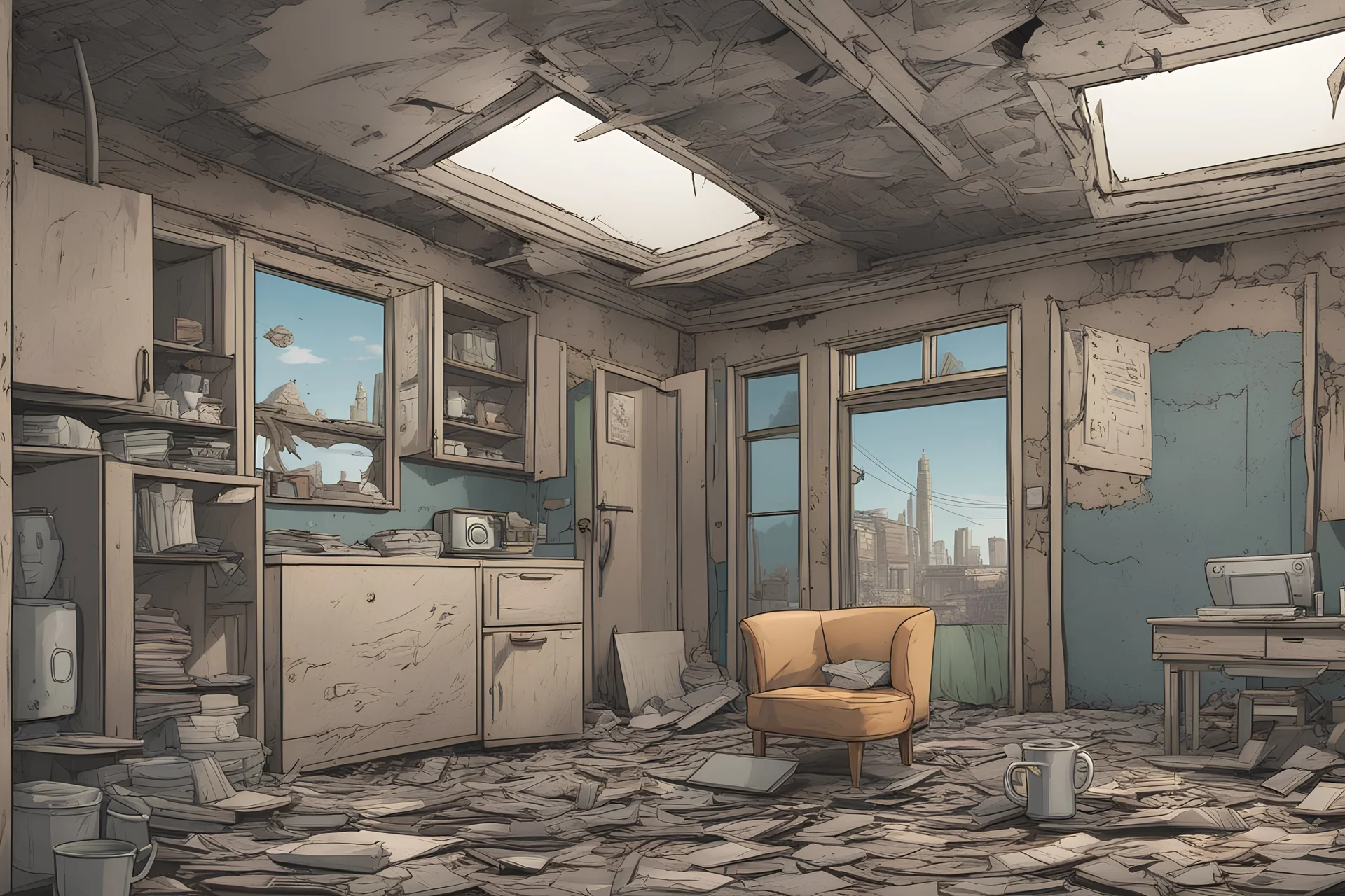 interior house, dilapidated apocalyptic, background, comic book,