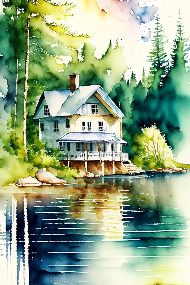 serene vacation lake house, watercolor painting