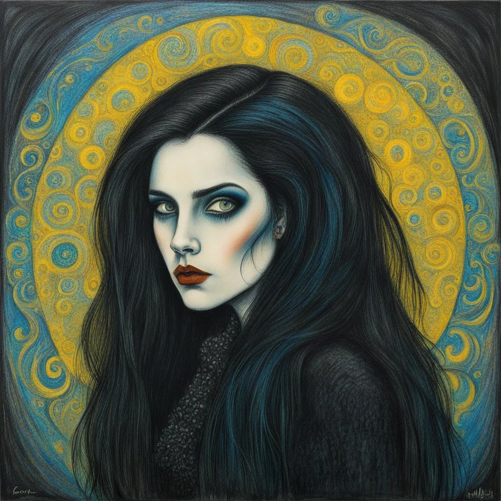 create full body oil pastel of a dark haired, savage, gothpunk vampire girl with highly detailed , sharply defined hair and facial features set against a swirling chaotic background, in the style of ODILON REDON and JEAN-FRANCOIS MILLET