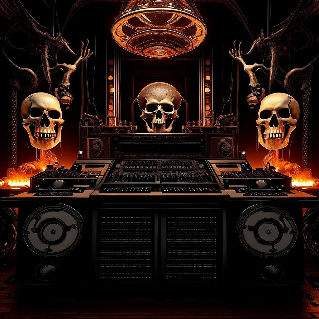 DJ of the damnded, insanely detailed DJ booth in hell, MID set, speakers and equipment made of bone, anatomically correct, add more skulls in th audience, photorealism, vray, 8k 3d