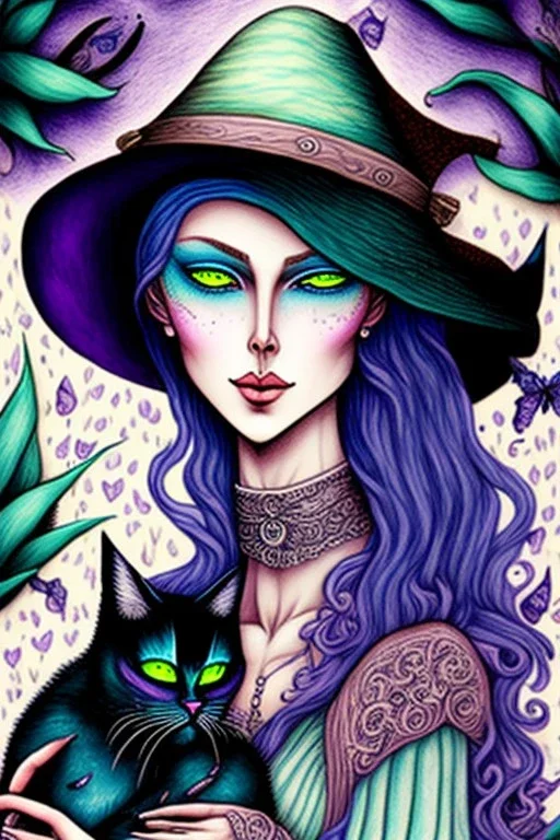 Witch, playing with cats, perfect iris, ink and pencil, pastel colours, style Elizabeth Kreitz