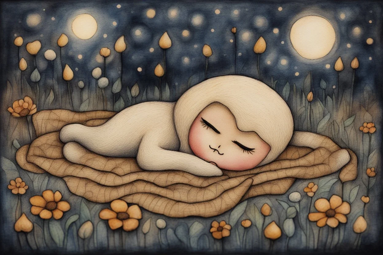 painted and burned burlap, moonlight, cute chibi sleeping animal on a flower bed, styles of Paul Klee Dee Nickerson and Tim Burton, melting watercolor and black ink outlines on wet paper, soft, shading strokes, in candlelight, ethereal, otherwordly, cinematic postprocessing, bokeh, dof