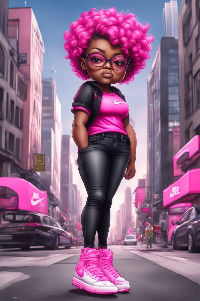 create an airbrush illustration of a chibi cartoon voluptuous black female. Wearing a hot pink t-shirt and tight black jeans with hot pink Nike sneakers. Prominent make up with hazel eyes and she is wearing pink glasses. Extremely Highly detail of a very low platinum shiny black pixie haircut. Background of a busy city street.