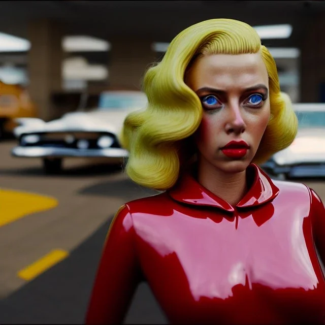 Ultra Realistic retro sci-fi afire Supermarket parking scene, 1960 year, blonde woman, sweet scarlet Johansson face, perfect iris, glow eyes, face makeup, tight latex coat; many panic people looking, Retro sci-fi style, soft color, highly detailed, unreal engine 5, ray tracing, RTX, lumen lighting, ultra detail, volumetric lighting, 3d, finely drawn, high definition, high resolution.