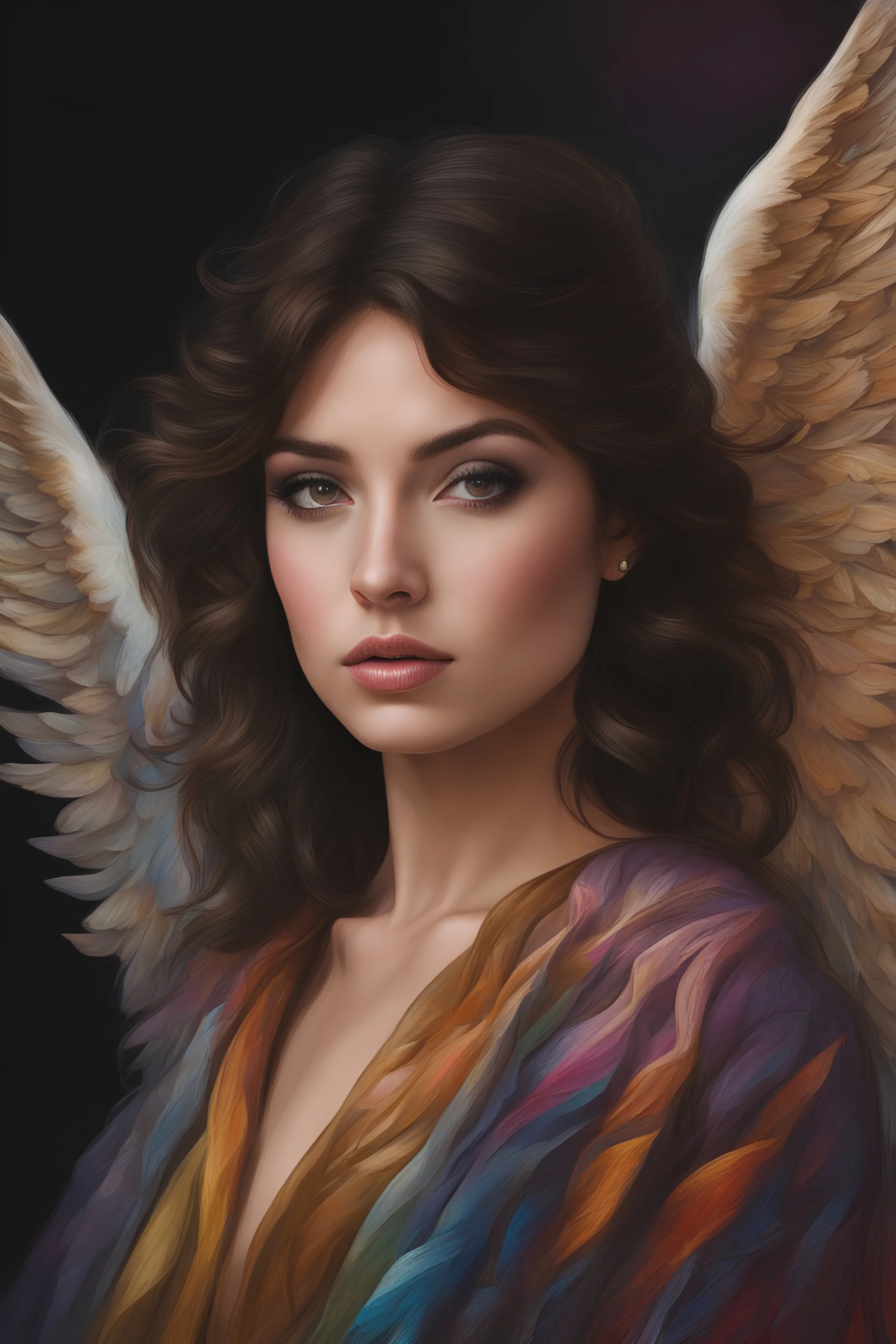 Young woman angel, lovely face, Dark brown eyes, elegant coat, dark ashen medium hair, colorful wings, outdoors, realism, dynamic lighting hyperdetailed intricately detailed photo triadic colors