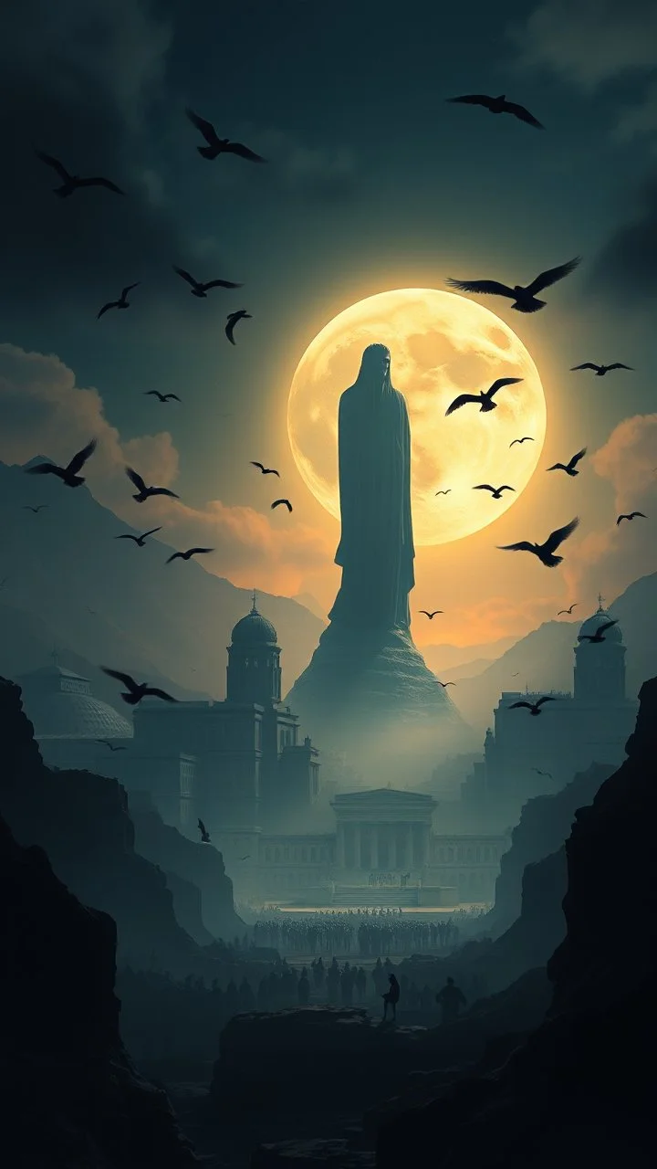 A giant statue of Atlantis , a city with big buildings .and a lot of people A mystical scene with ethereal light illuminating a dark landscape filled with shadows and whispers.a big full moon. Black birds flying in a circles