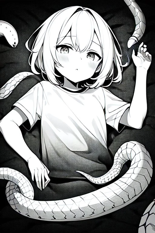 girl in T-shirt lying on the ground and covered with snakes, greyscale