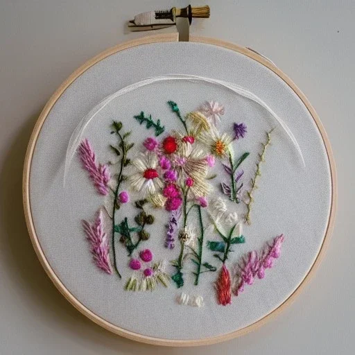 embroidery hoop with delicate embroidery and beadwork of flowers, pressed flowers, tulle, couture, beautiful composition, aesthetic layout, wildflowers, detailed beadwork, beading