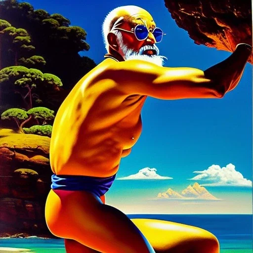 Portrait of 'Master Roshi',painting by Earl Norem, simon Bisley,frazetta,Howard,西嘛哒, evan lee, Vallejo,kelly oil on canvas, cinematic composition, extreme detail,fit full body inside picture,8k,perfect anatomy,