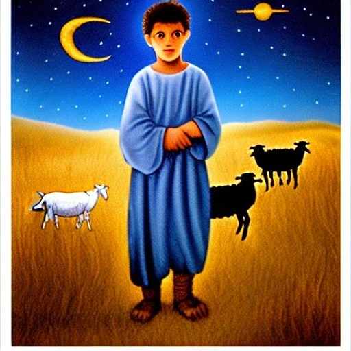 shepherd boy looking up, bright start in night sky, mideast pastures, flock of sheep