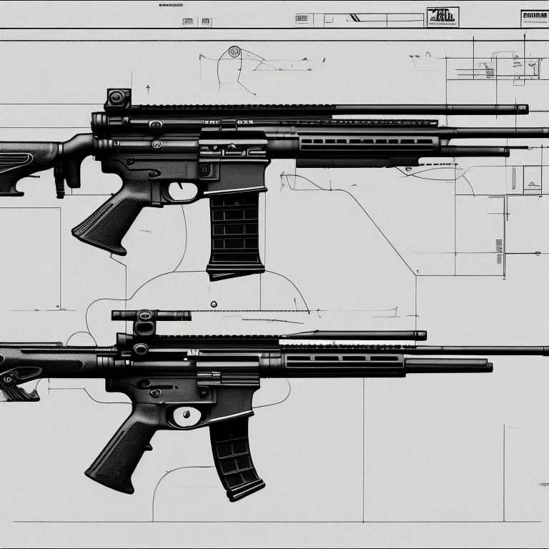 Full Blueprint sketch of modern rifle with full stock and scope