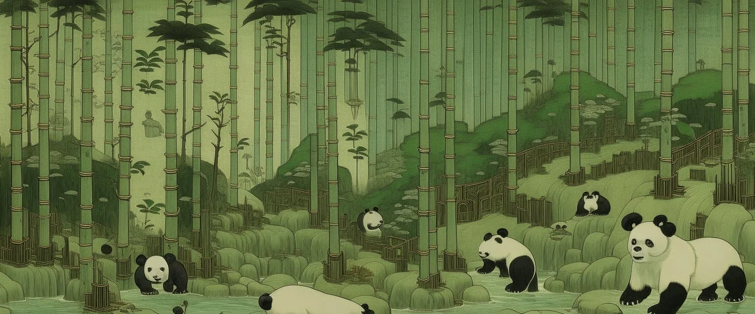 A greenish gray pool filled with pandas designed in Chinese paper art painted by Utagawa Hiroshige