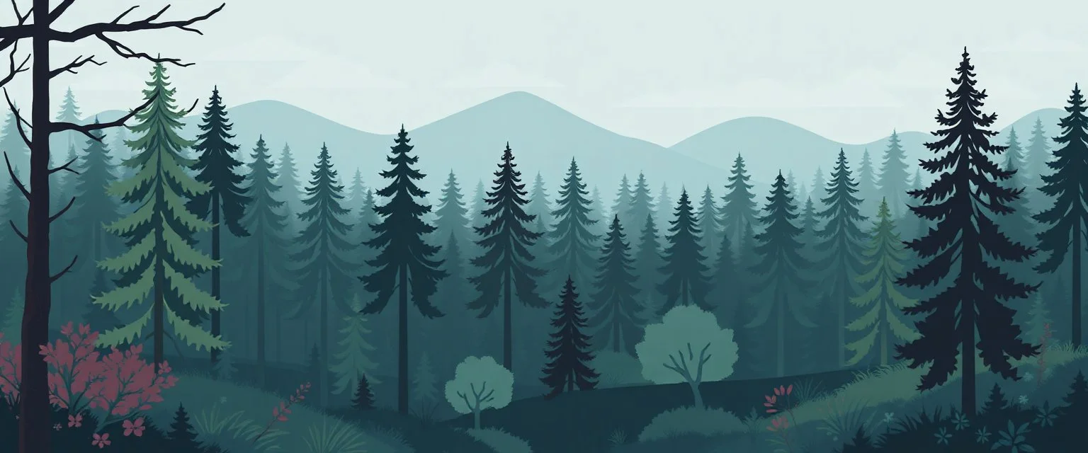 A cozy forest scenery using this color scheme: base00: "2f383e" # bg0, palette1 dark (medium) base01: "374247" # bg1, palette1 dark (medium) base02: "4a555b" # bg3, palette1 dark (medium) base03: "859289" # grey1, palette2 dark base04: "9da9a0" # grey2, palette2 dark base05: "d3c6aa" # fg, palette2 dark base06: "e4e1cd" # bg3, palette1 light (medium) base07: "fdf6e3" # bg0, palette1 light (medium) base08: "7fbbb3" # blue, palette2 dark base09: "d