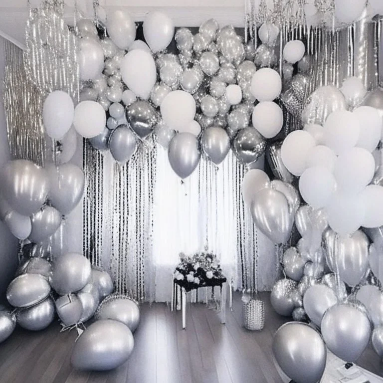 A picture of a room filled with silver party decoration. Include balloons, garlands, foil balloons