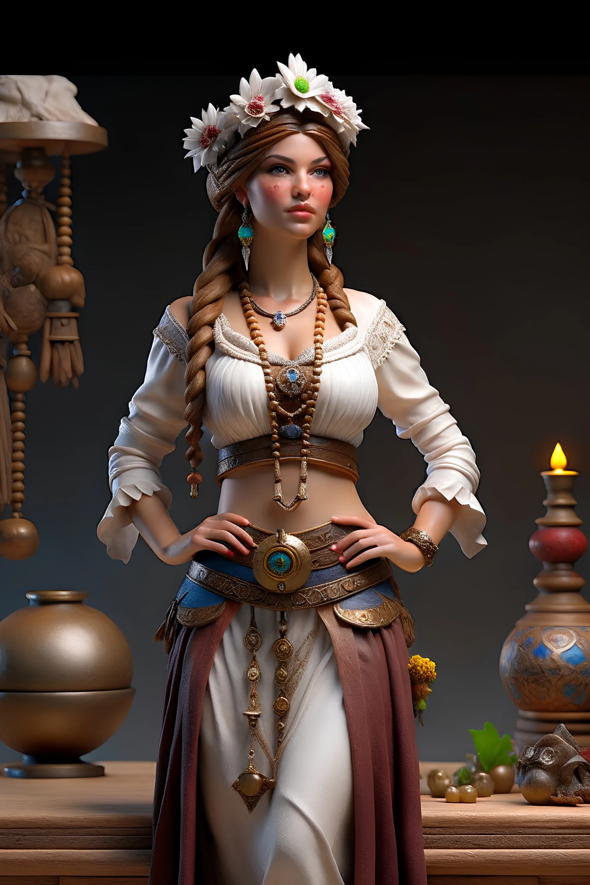 tabletop role-playing miniature of a haley-atwell-selena-gomes-ashley-graham-hybrid peasant wearing ancient minoan clothes in the style of hippie fashion and alphonse mucha. full body. concept art hyperrealism sculpted 4K ultra HD unreal engine 5