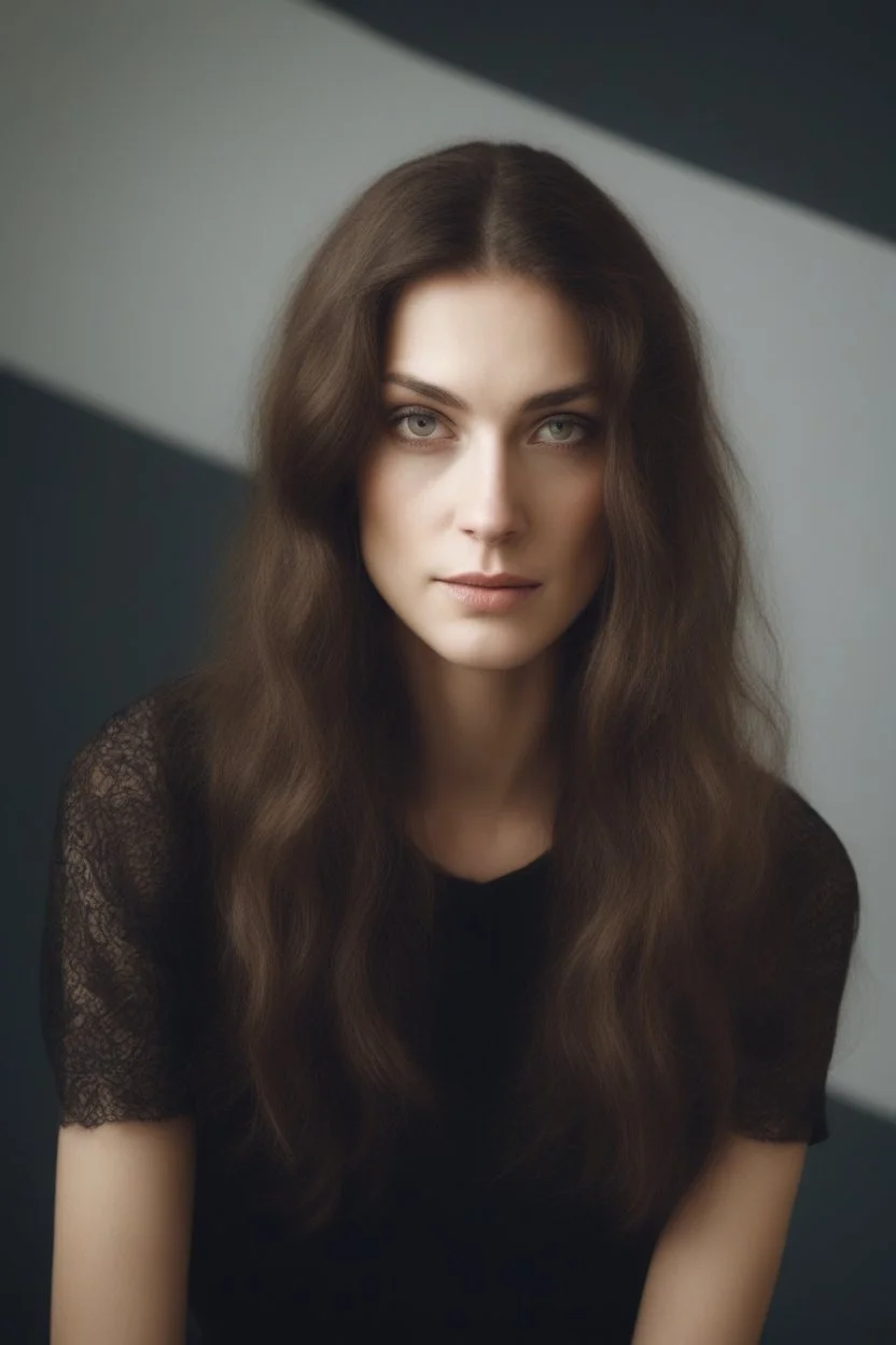 a photographic, photorealistic, true-to-life facial portrait of Lenna Dubois with extra dark hair, head to waist image, professional quality, studio photograph shot on 35mm film