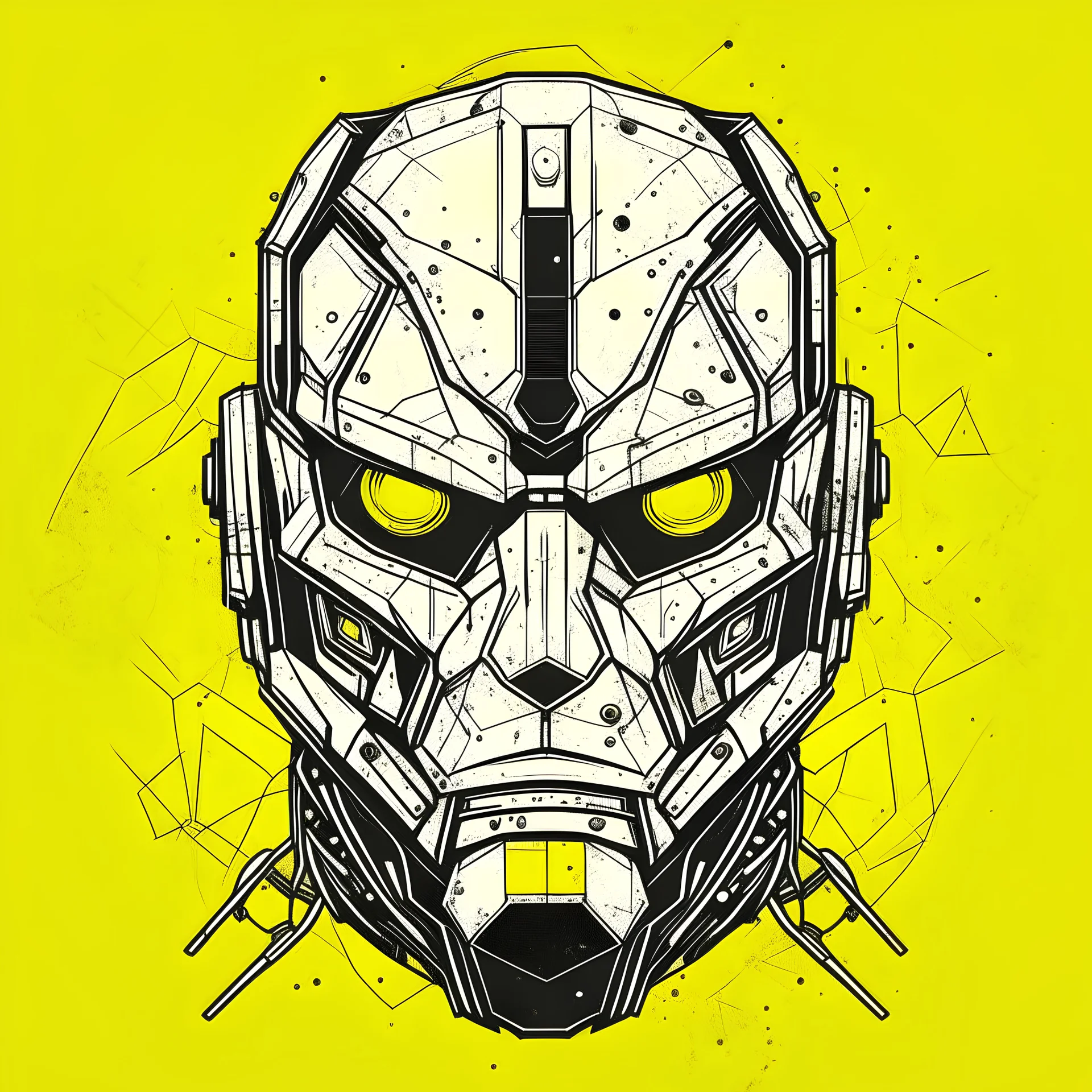 monotone robot face, sci fi, low details, polygonal, black ink, yellow plain background