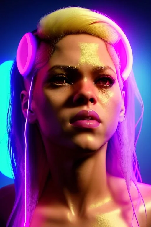 portrait, Shakira, blonde artist, angry, Realistic image, latex style dress. loose long hair, eyes make up, perfect, glow, circle iris. Neon colors, leds, geometric shapes. Dark background, photo studio, neon lights. Cyberpunk, concept art, smooth, unreal engine 5, god lights, ray tracing, RTX, lumen lighting, ultra detail, volumetric lighting, 3d, finely drawn, high definition, 4k.