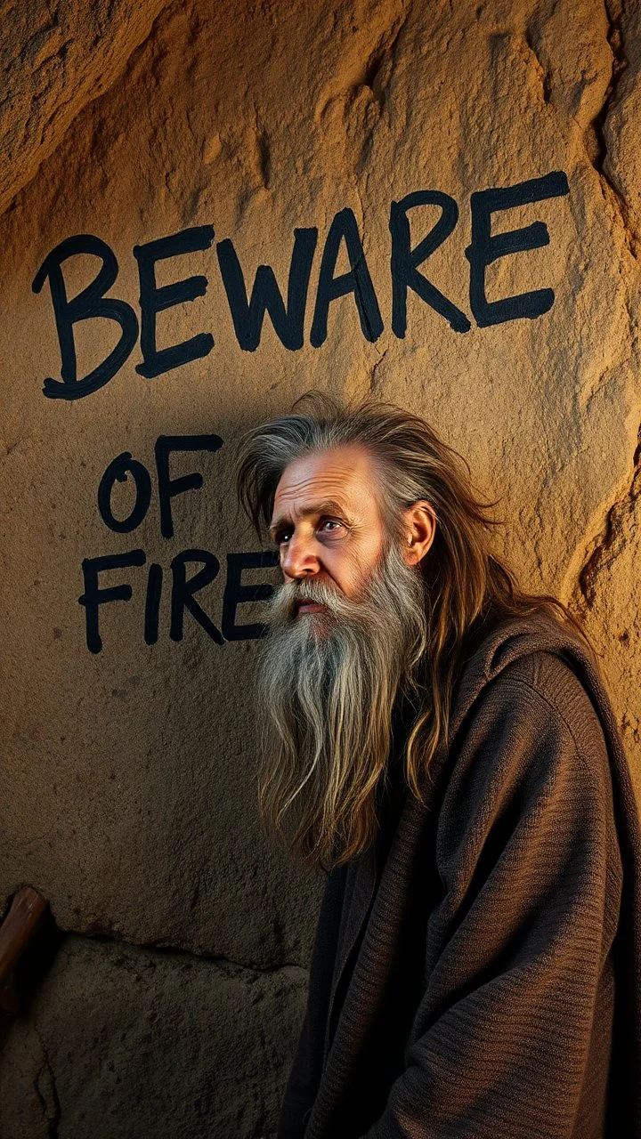 A hand writing On cave wall written “ BEWARE OF FIRE” an old man with bear and king hair died by the cave wall , a dim lighting great quality picture with primitive style