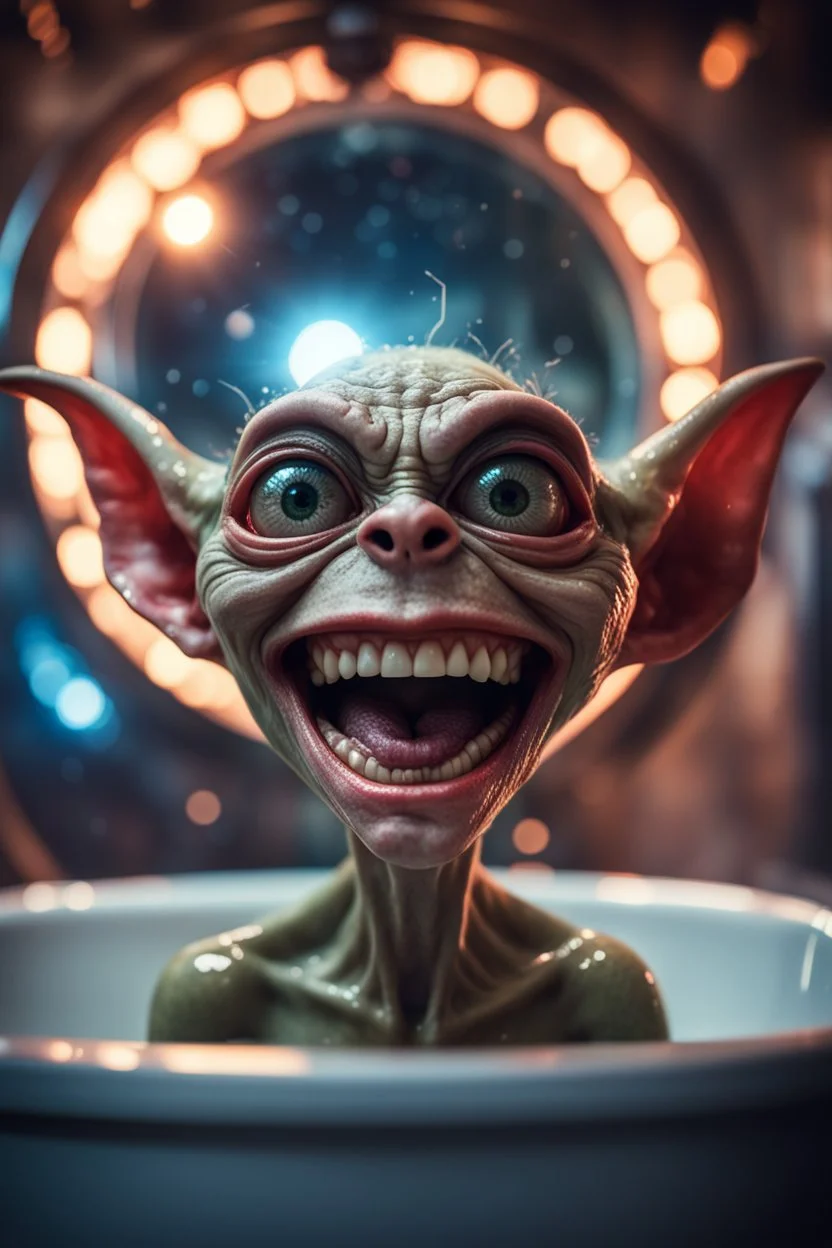 portrait through dirty warped lens of ultimate transcendent happy chat gremlin vampire alien frown with spotlights and huge tounge sticking head out of a bathtub portal, in front of space portal dimensional glittering device, bokeh like f/0.8, tilt-shift lens 8k, high detail, smooth render, down-light, unreal engine, prize winning