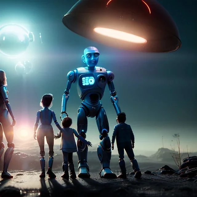 Ultra Realistic home family portrait. father. mother. daughter. alien pet. assistant robot. retro futuristic scene. smile, happy. highly detailed, concept art, unreal engine 5, ray tracing, RTX, lumen lighting, ultra detail, volumetric lighting, 3d, finely drawn, high definition, high resolution.