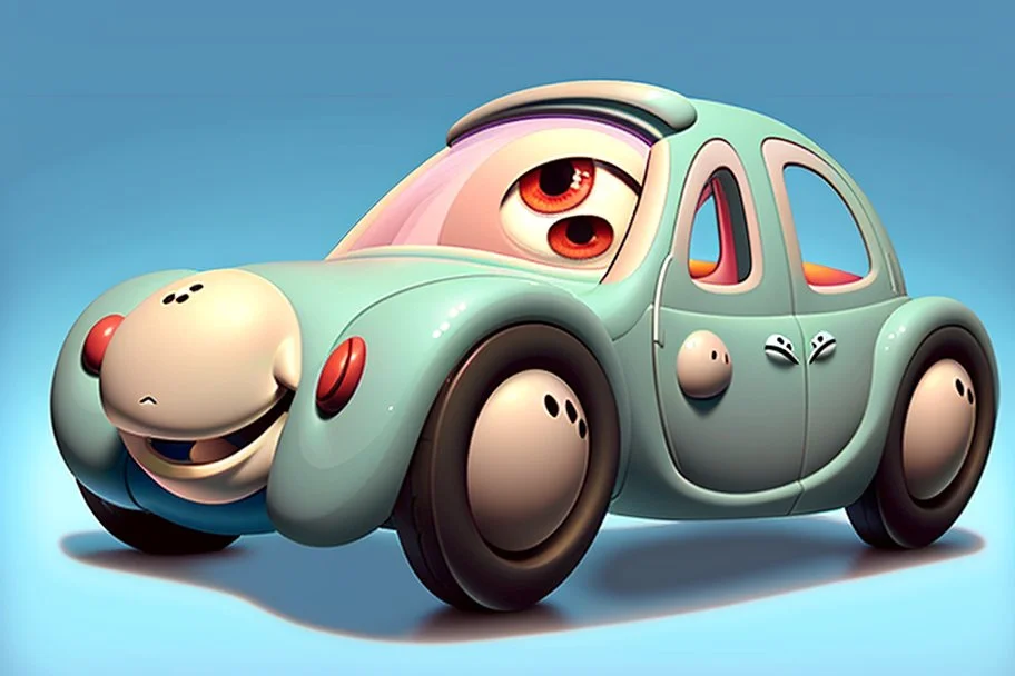 whimsical cartoon car with big eyes and a friendly smile, accompanied by various mechanical parts that form the shape of the car. The cartoon car should have a round body and a pair of big, round headlights that look like eyes. The eyes should be friendly and cute, with thick lashes and a bright sparkle. The car should also have a wide grille that forms a smile, with a row of teeth made of tiny nuts and bolts. The smile should be slightly crooked.