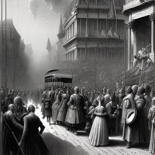 people riding a bus, detailed faces, Gustave Doré black and white illustration