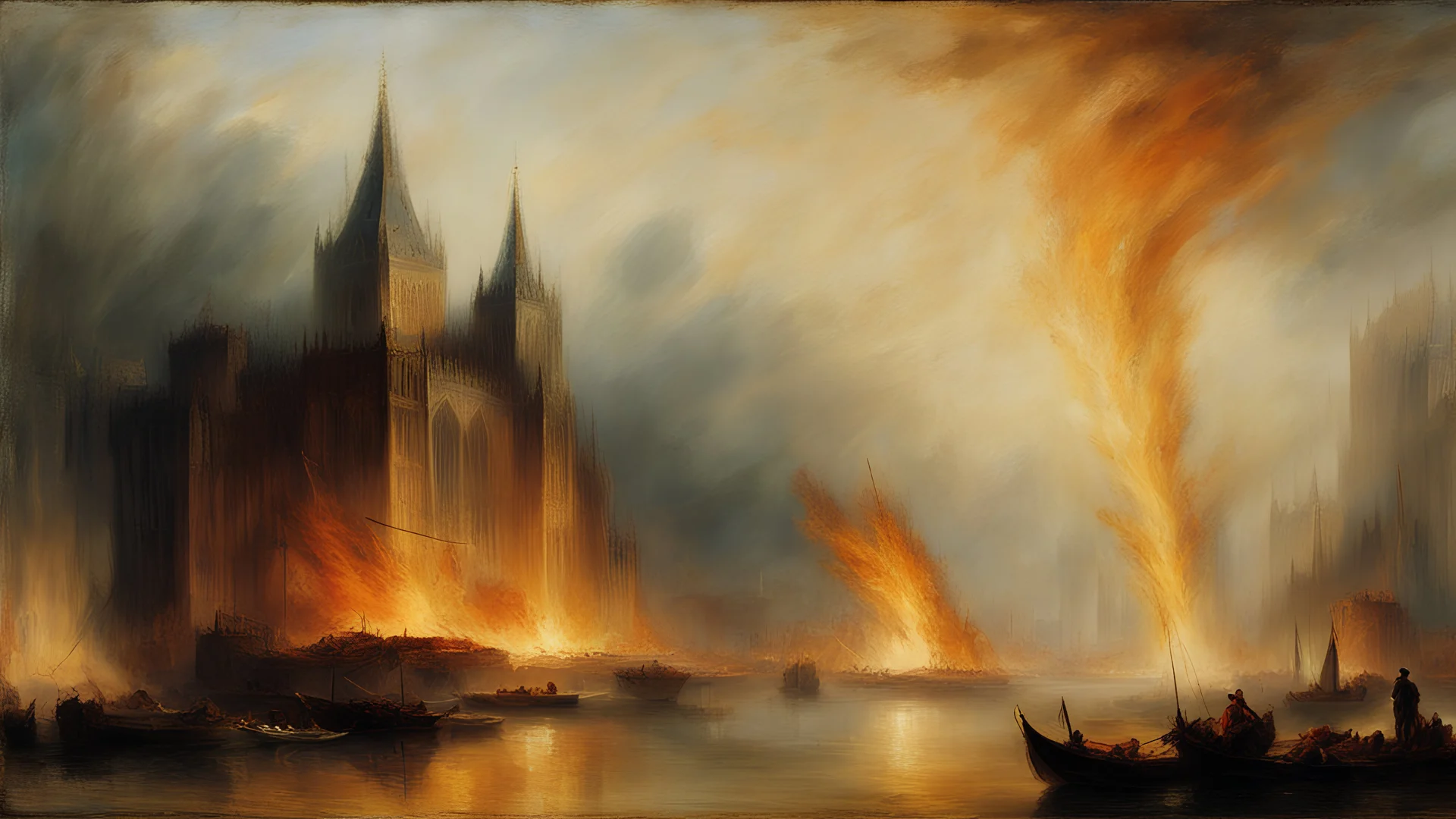 Style J. M. W. Turner, burning cathedral, beautiful composition, exquisite detail