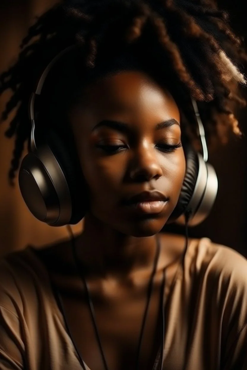 earthy black young woman listening to music with headphones, soul, peace, majestic