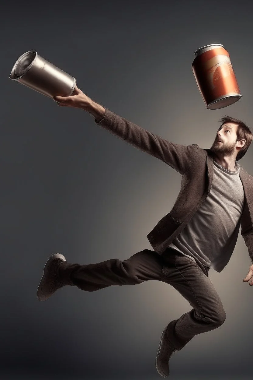en flyvende mand med en tom øldåse i hånden