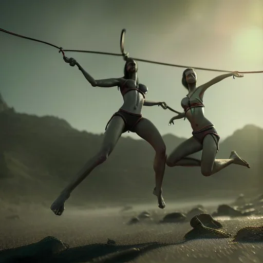 Two women skipping with a rope, demons and angry gods fight in the background, in the style of a Michael Moorcock book cover.