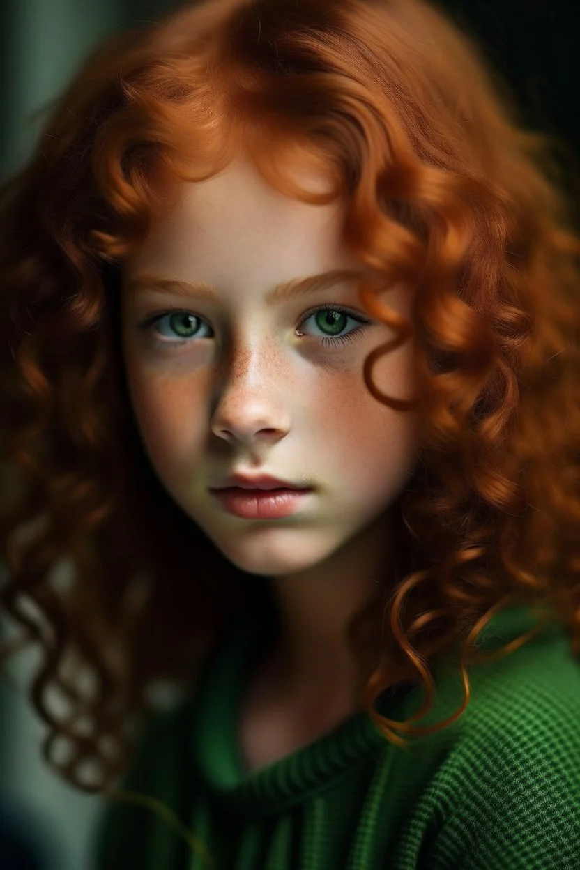 Teen with dark green eyes reddish curly poofy hair small nose